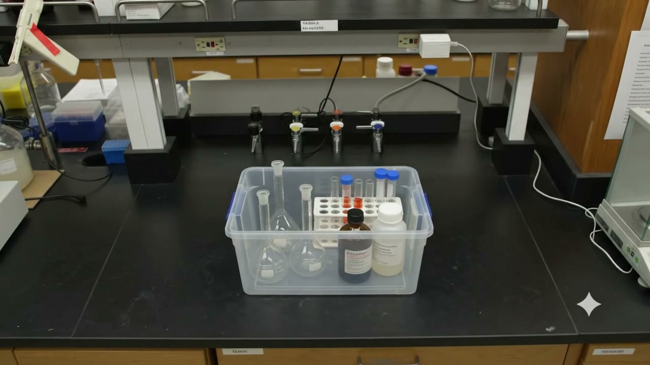 The same laboratory bench cleared and staged with one prepared tray